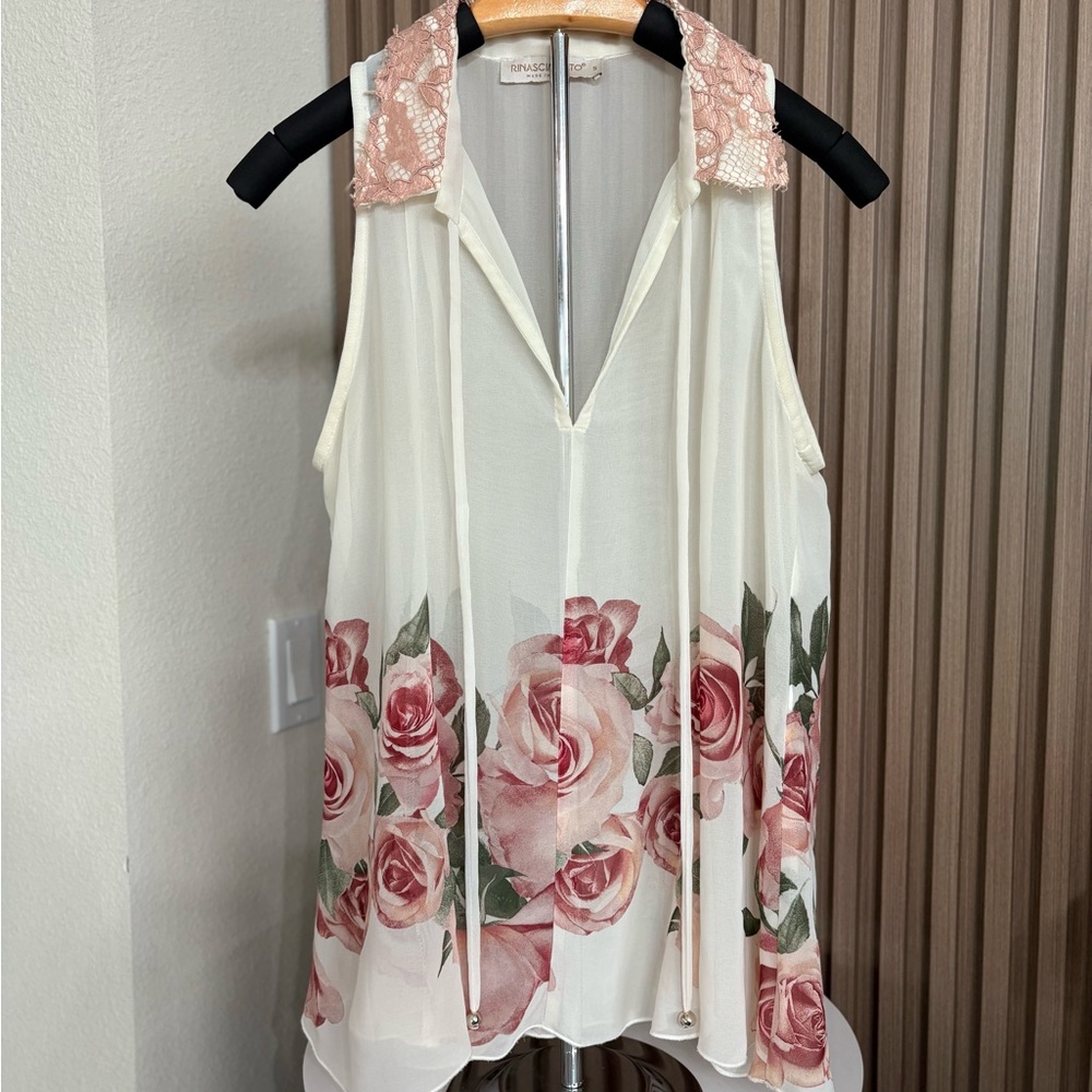 Rinascimento Floral Sleeveless Blouse with Lace Collar - Size S